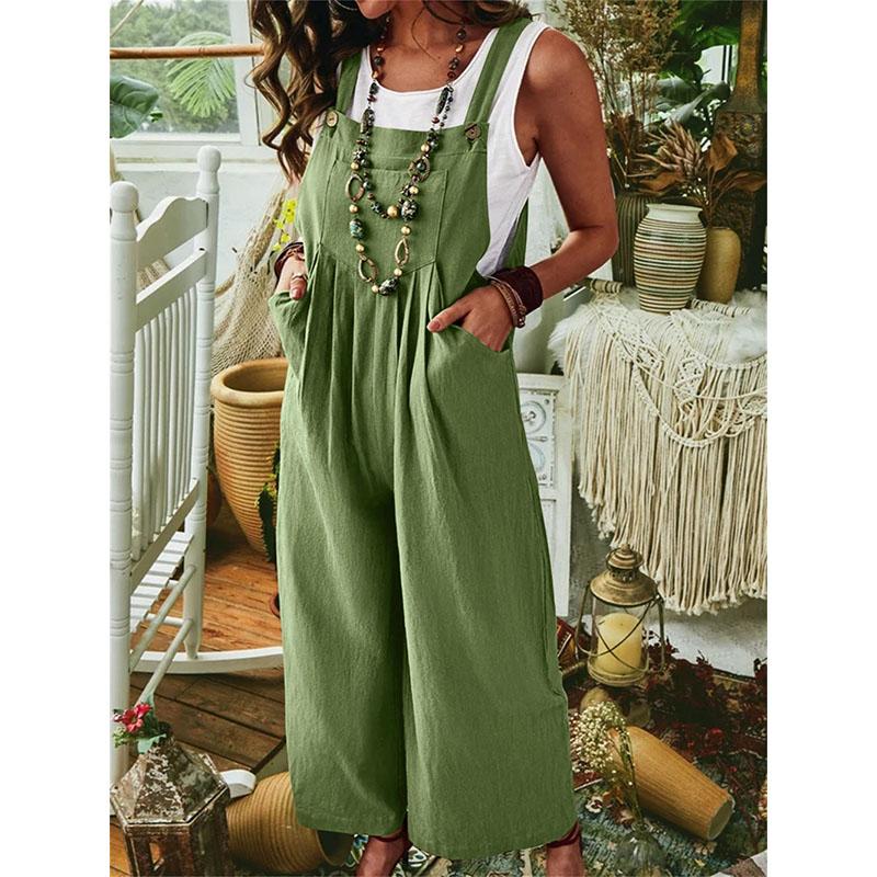 Summer Women's Jumpsuit Thickened Ramie Cotton Solid Color Sleeveless Casual Wide Leg Side Buckle Jumpsuit
