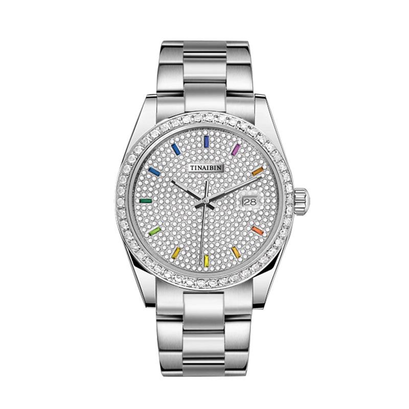 Swiss Automatic Men's Watch: Waterproof, Luminous, Diamond Accents, Steel Band, Quartz Movement.