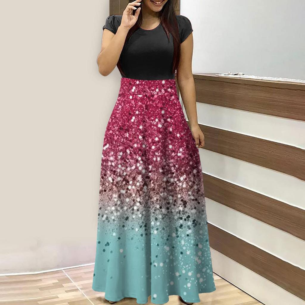 Summer Dresses For Women 2023 Fashion Casual Floral Print Round Neck Short-Sleeved Large Size Maxi Dresses