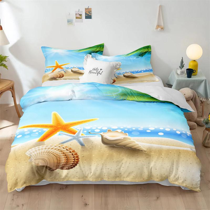 Beach Theme Duvet Cover Set Blue Ocean Bedding Set King Queen For Kids Girls Microfiber Seashell Starfish Print Comforter Cover