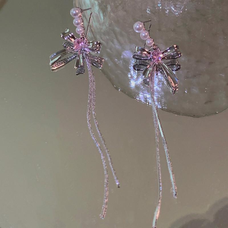 Элегантные серьги с кисточками и бантом для женщин, серьги с розовыми кристаллами, гипоаллергенные аксессуары, ювелирные изделия