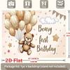 Teddy bear balloon and star fireworks backdrop set - "Teddy's First Birthday" party banner, polyester material