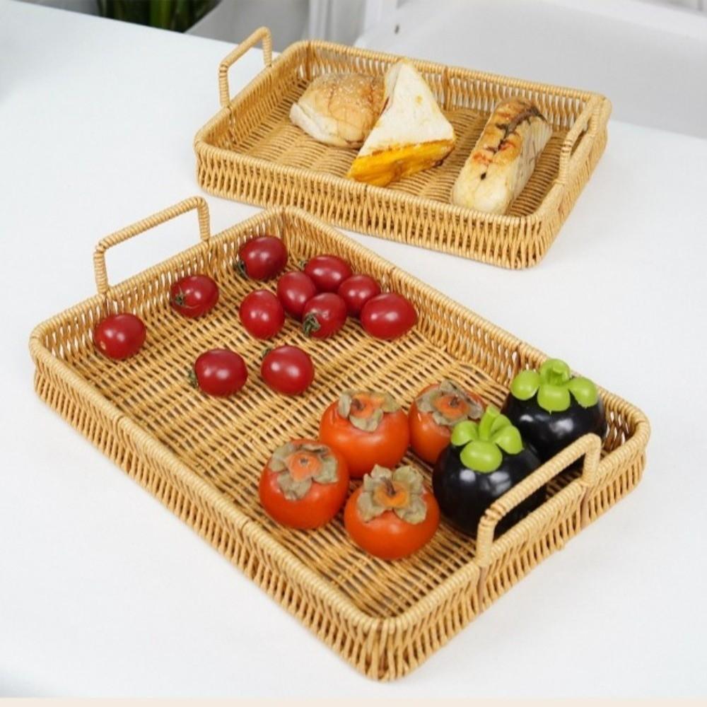Handwoven Wicker Serving Tray Woven Handheld Plastic Rattan Storage Tray Kitchen Storage