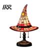 Low Energy Desk Lamp Stained Glass Style Witch Hat Lamp, USB Powered Resin Wizard Night Light Retro Gothic with Sun Star, Halloween Table for Bedroom