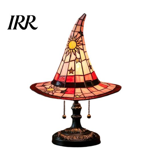 Low Energy Desk Lamp Stained Glass Style Witch Hat Lamp, USB Powered Resin Wizard Night Light Retro Gothic with Sun Star, Halloween Table for Bedroom