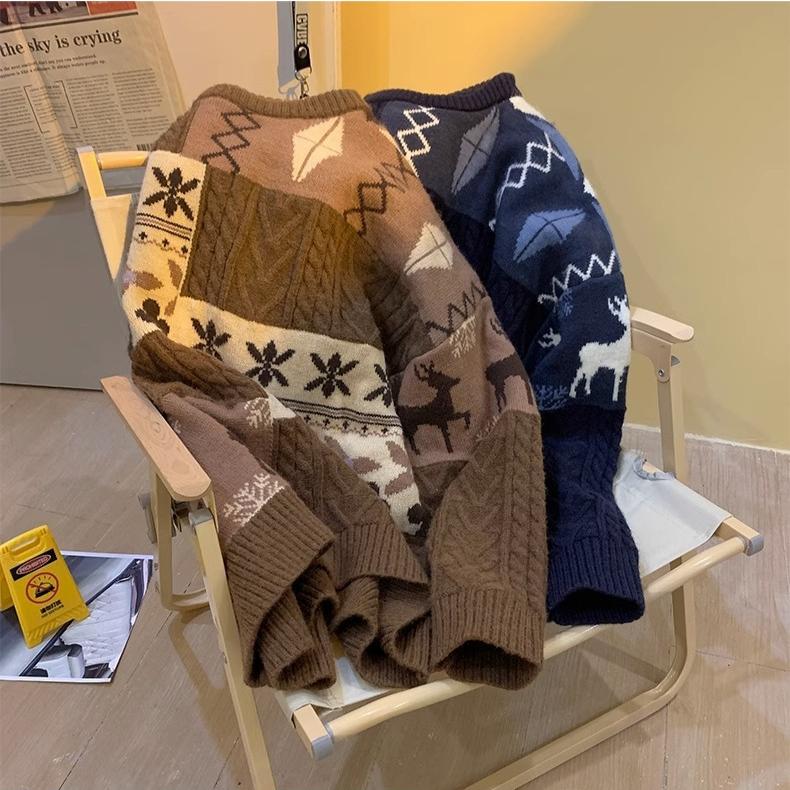 Vintage Patchwork Fried Dough Twists Round Neck Sweater Lovers Outfit Winter Port Style Graffiti Sweater Loose Pullover Lovers Knitwear Men and Women