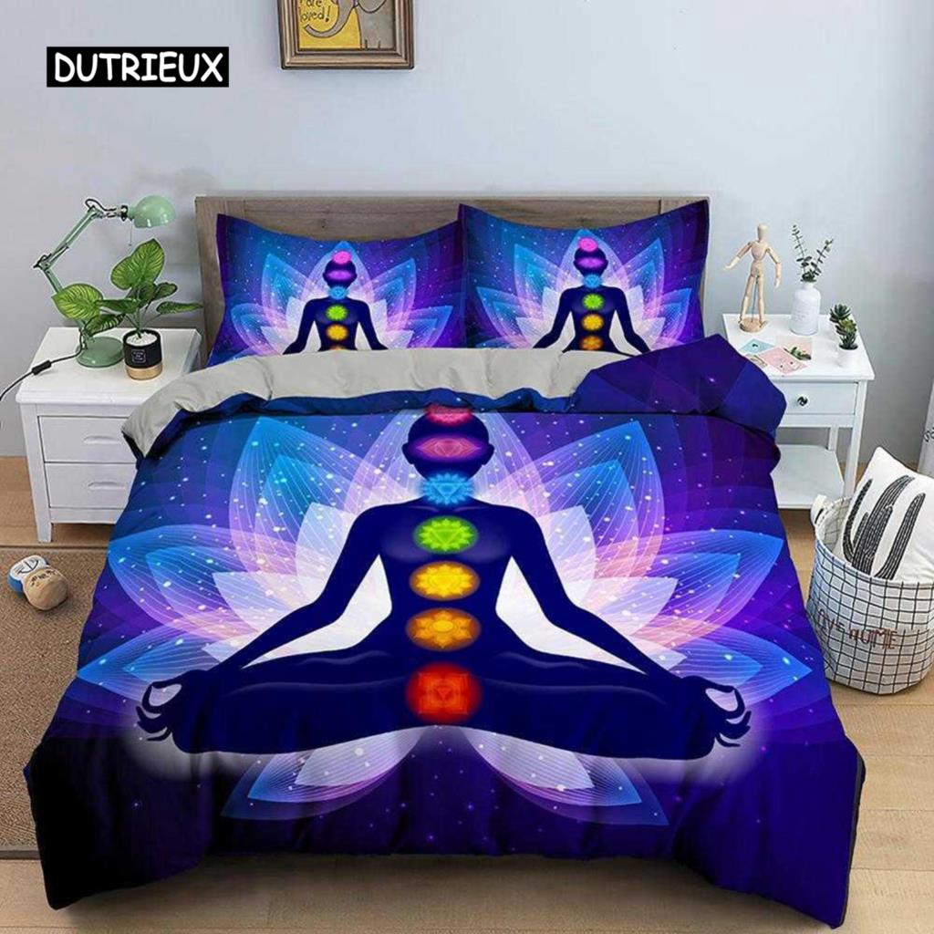 Пододеяльник для йоги King Queen Chakra Meditation Комплект постельного белья Blue Mandala Boho Hippie Style с Chakra Art Полиэстеровый пододеяльник