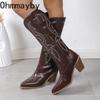 Мода вышивка женские ковбойские сапоги до колена модные длинные сапоги рыцарь без застежек осень зима женские туфли на толстом каблуке