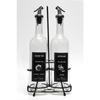 2 Transparent 750 Ml Labeled Oil Bottles And Black Stand