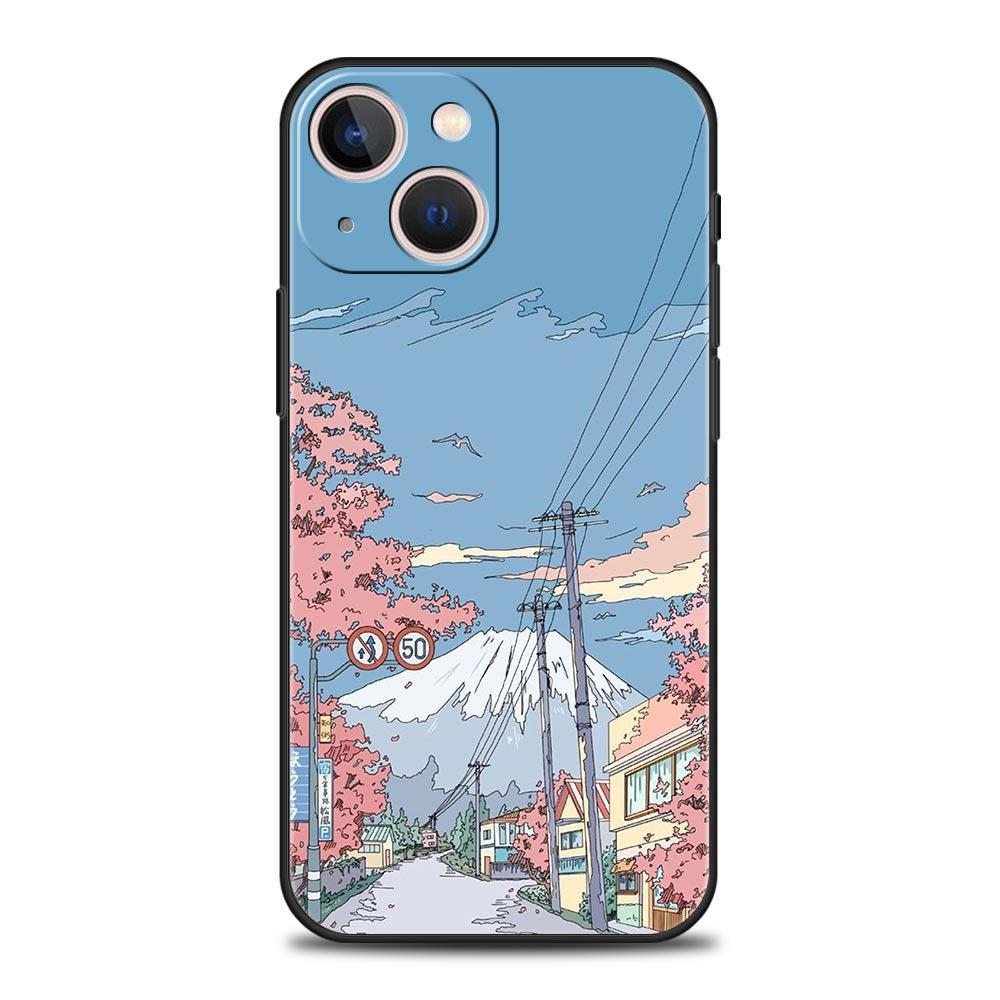Япония Закат Пейзаж Роскошный Чехол Для Телефона Для iPhone 13 15 14 12 11 Pro MAX XR X SE XS 7 8 Plus Силиконовый Черный Защитный Чехол