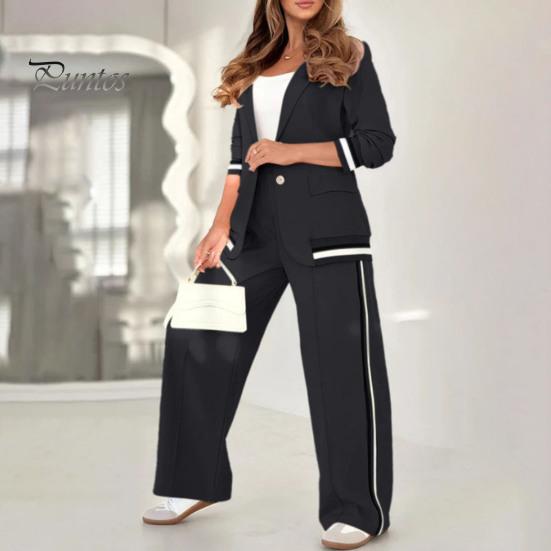 Женский костюм из 2 предметов: пальто, брюки, отложной воротник, длинные рукава, эластичный подол, куртка, широкие брюки с высокой талией, офисный наряд для поездок на работу
