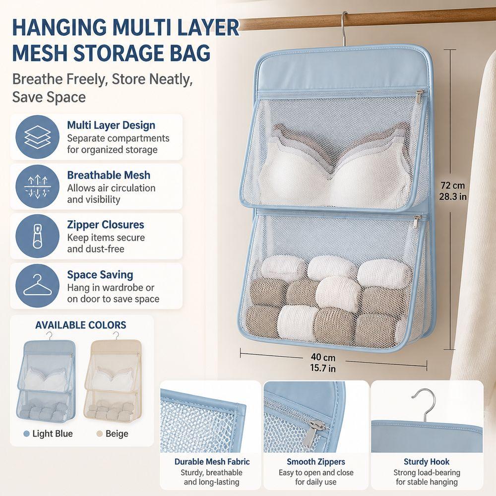 Multi Layer Underwear Hanging Bag Zipper Closure Closet Storage Bag Wardrobe Organization