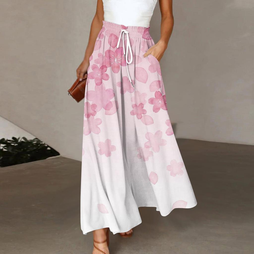 Женские брюки в стиле бохо с эластичным принтом и высокой талией, повседневные широкие брюки, длинные брюки с карманом