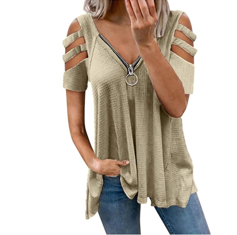 MAITA Womens Fashion Summer Clothes Casual Off Shoulder Short Sleeved Tops Deep V-neck Zipper Blouses Ladies Solid Color T-shirt Loose Shirts