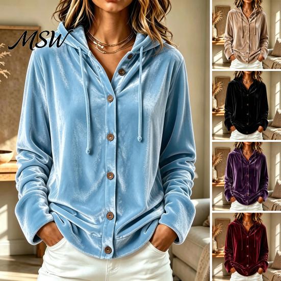 Women Velvet Coat Button Front Hoodie, Long Sleeve Hooded Jacket, Casual Apparel Loose Fit Drawstring for Autumn Winter Relaxed Hoodie