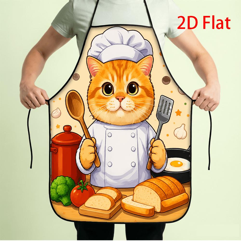 1pc 2D Flat Print Cute Turmeric Yellow Cat Chef Apron, Cartoon Cooking Kitchen Apparel, Fun Animal Pattern with Spoon, Spatula, and Bread Design, Suit