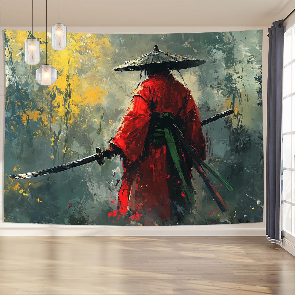 1pc red samurai warrior tapestry, 3D wall hanging retro style living room bedroom office, perfect gift for party decoration