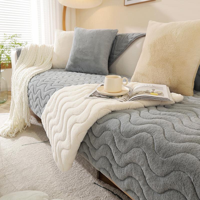 Super Soft Rabbit Plush Quilted Sofa Towel Winter Warm Thick Plush Couch Cover L-shaped Sectional Anti-slip Sofa Cover