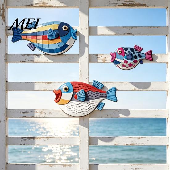 Boho Home Wall Sculptures 3Pcs Wooden Fish Art, Nautical Hanging Ornaments, Rustic Ocean Style 3D Layered Wood Carving Sculpture, Coastal Decorations
