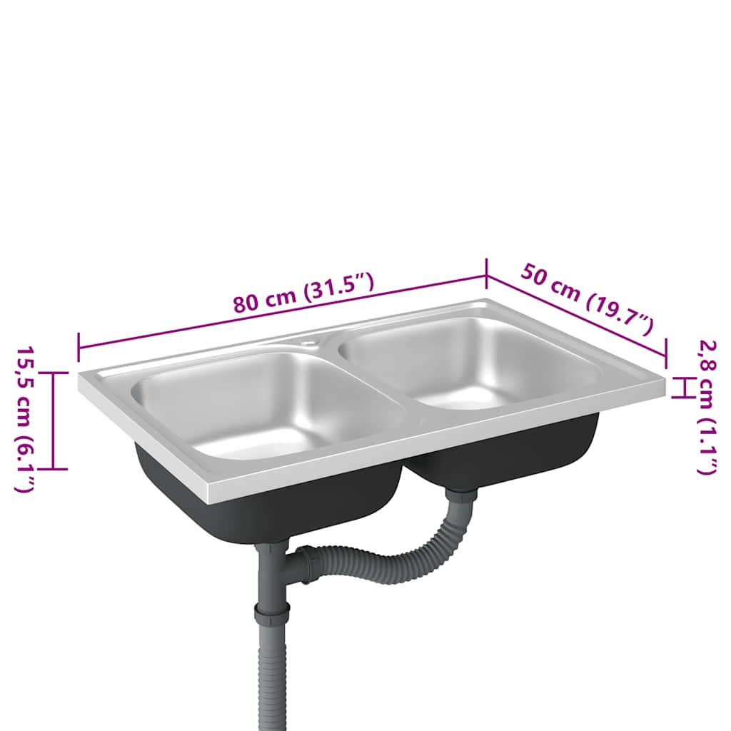 Double Kitchen Sink Silver 800x500x155 mm Stainless Steel