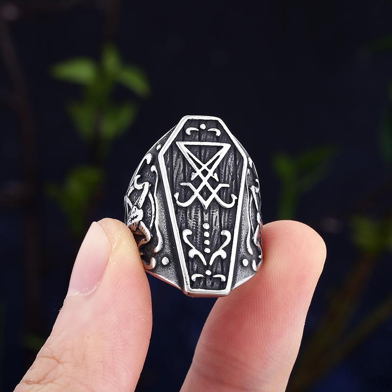 Gothic Lucifer Satan Seal of Satan Signet Rings Punk Stainless Steel Horn Anels Men and Women Pagan Jewelry Party Gift