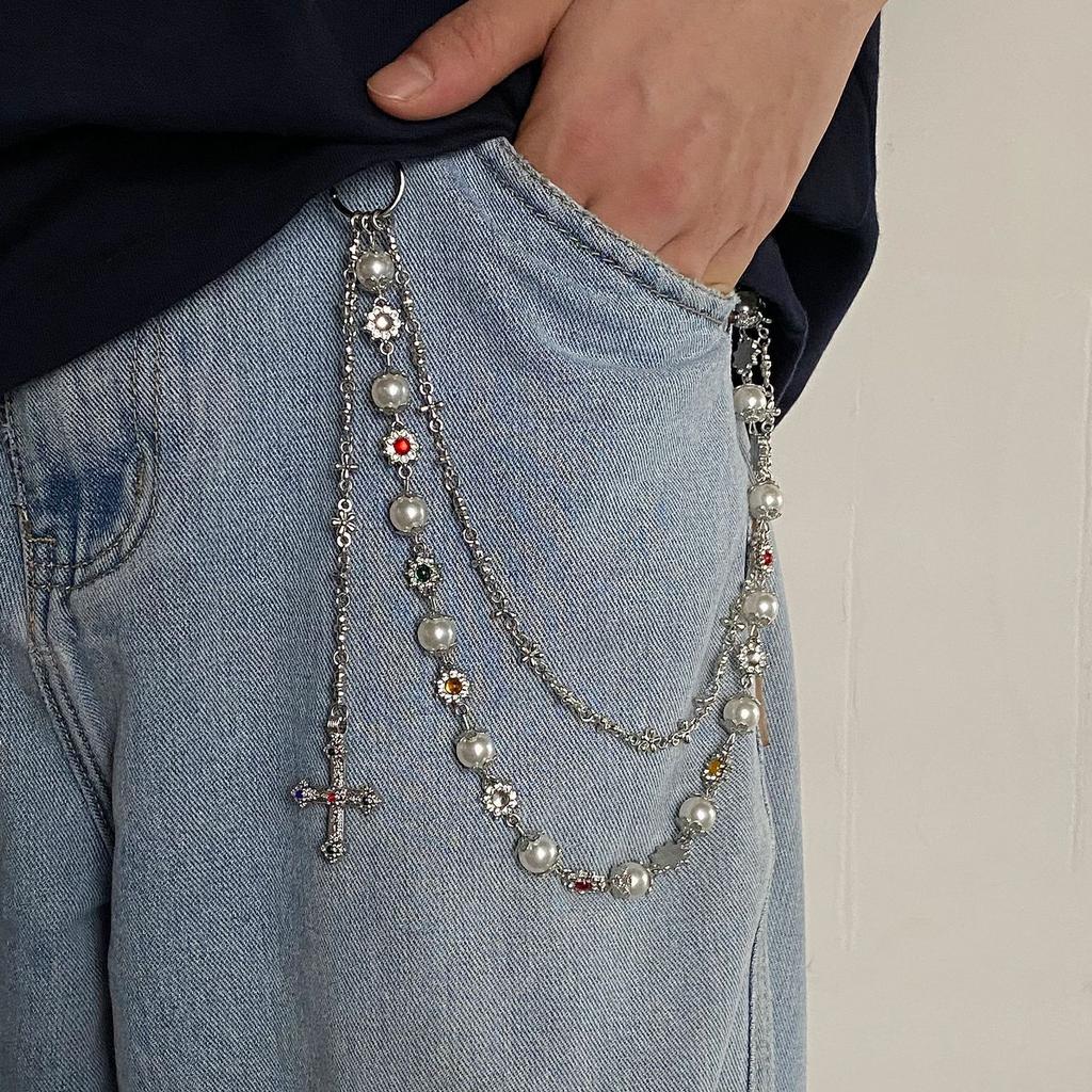 Punk Colorful Zircon Cross Pendant Pants Chain for Women Men Gothic Multi Layer Imitation Pearl Chain Waist Chain Jeans Jewelry