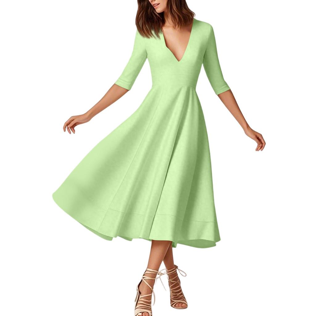 Женское модное платье средней длины со средним рукавом, сексуальное платье с V-образным вырезом