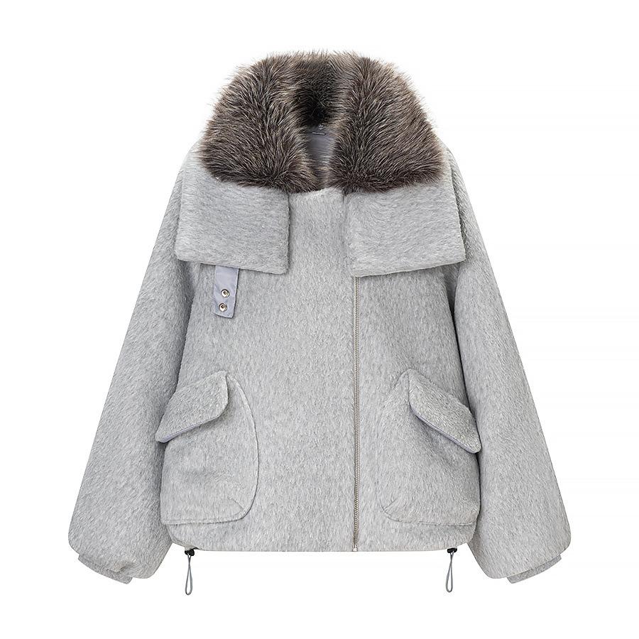 European and American style, new women's clothing, fashionable, casual, versatile big fur collar woolen padded jacket