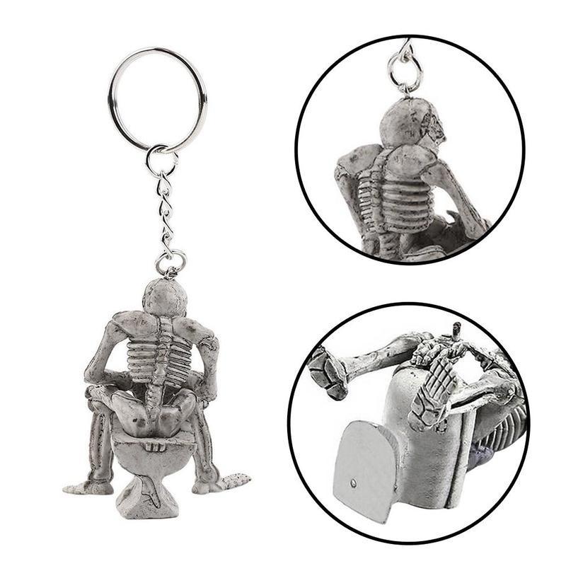 2 Pcs Skeleton On Toilet Key Chain Key Ring Novelty Gift Rubber / Metal Ring