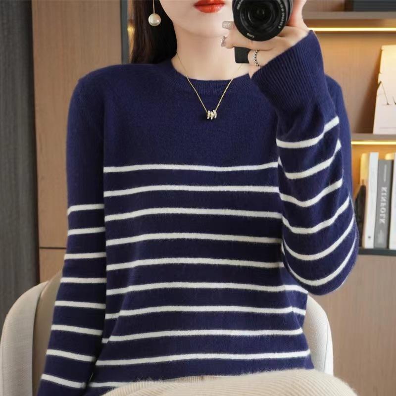Autumn Striped Knit Sweater Women's Large Size Round Neck Loose Casual Long-sleeved Bottoming Shirt