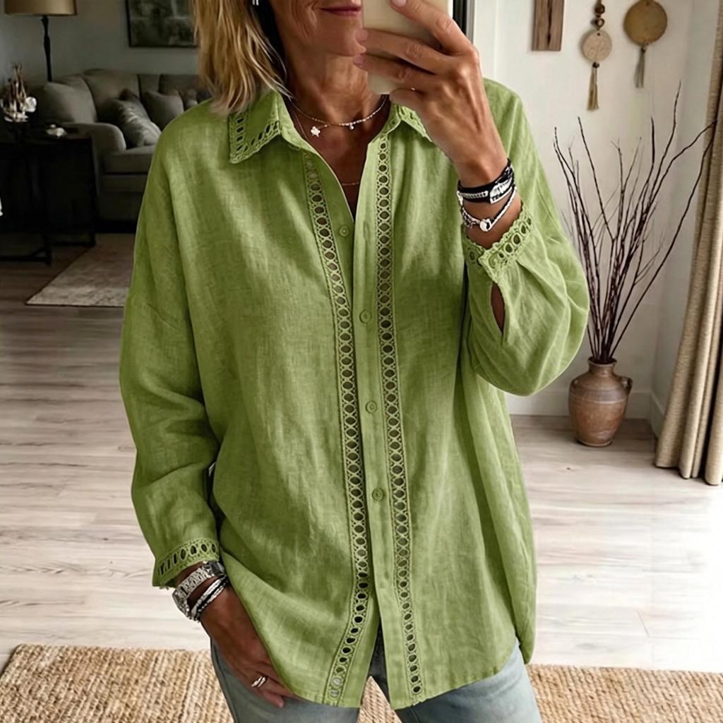 Женская цветная повседневная модная рубашка с кружевной аппликацией, длинный рукав