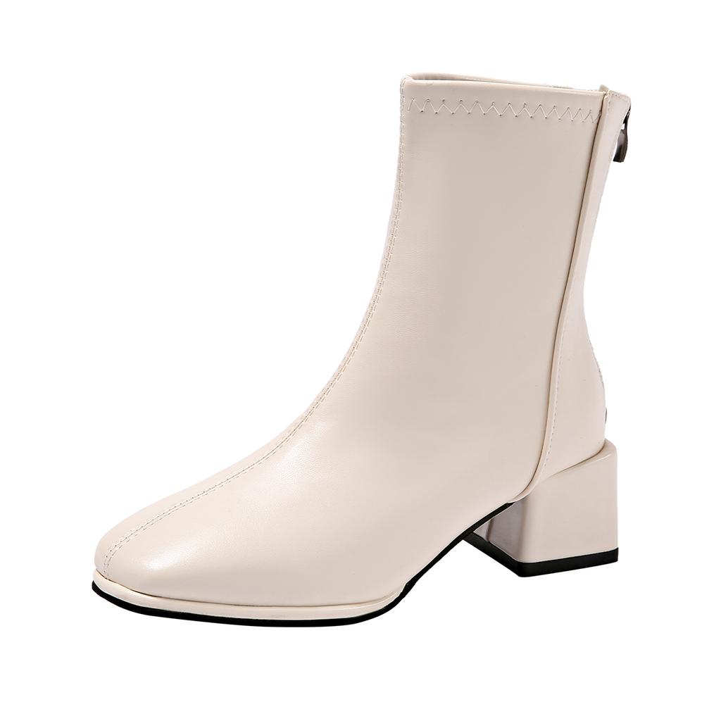 Модные женские ботинки на толстой подошве, однотонные, с оттенком белого, осень 2024, с застежкой-молнией сзади, с круглым носком, женские ботильоны Botines De Mujer