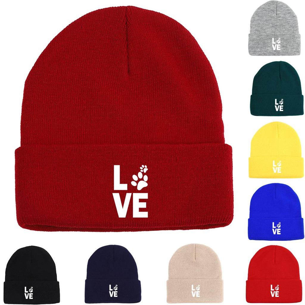 LOVE" Dog Paw Prints Warm Knit Hat Beanie, Animal Woman Cap Lightweight Cuff Stylish Headwear Knitted Cap Beanie