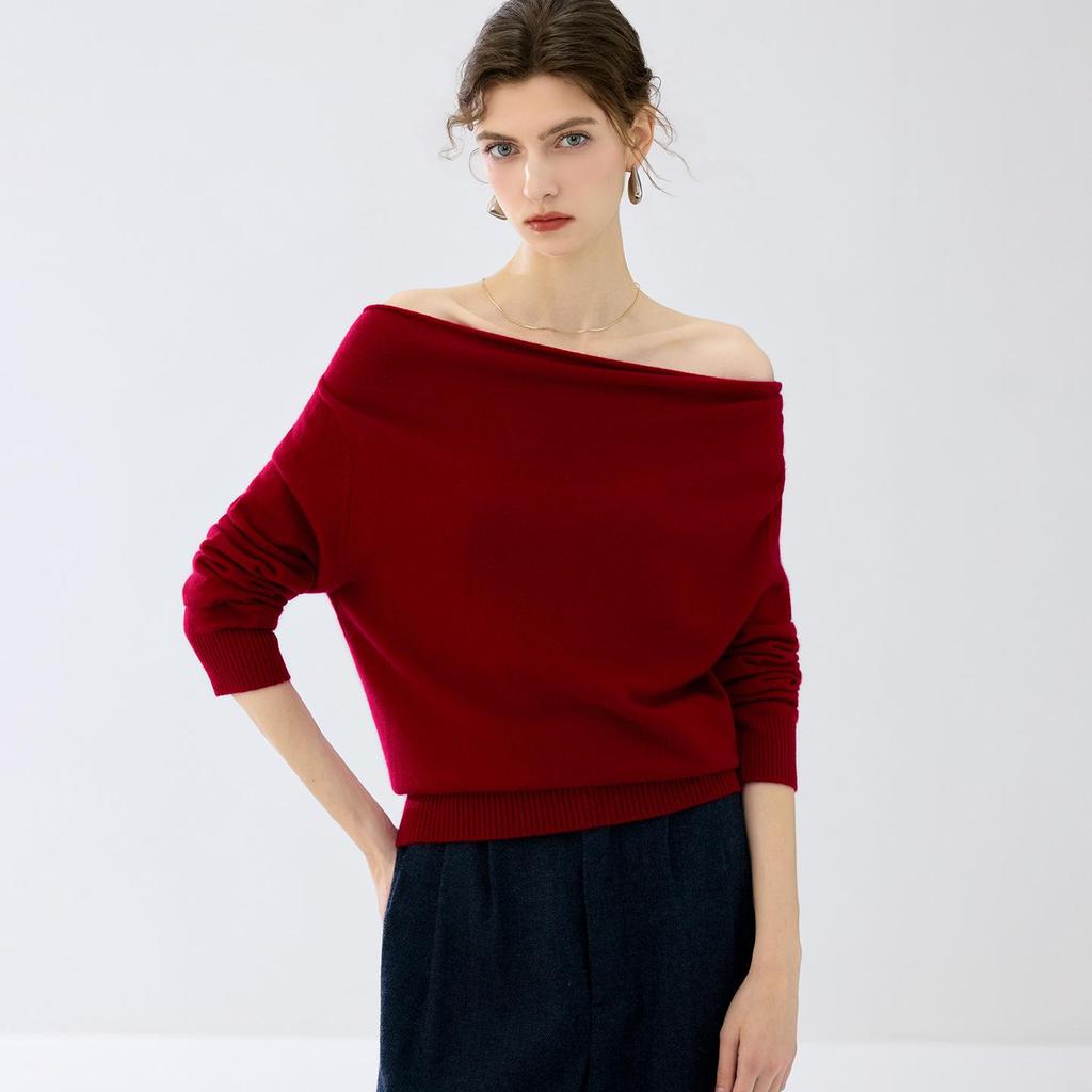 Lekasha Women's Cashmere Boat Neck One-Shoulder Pullover Sweater