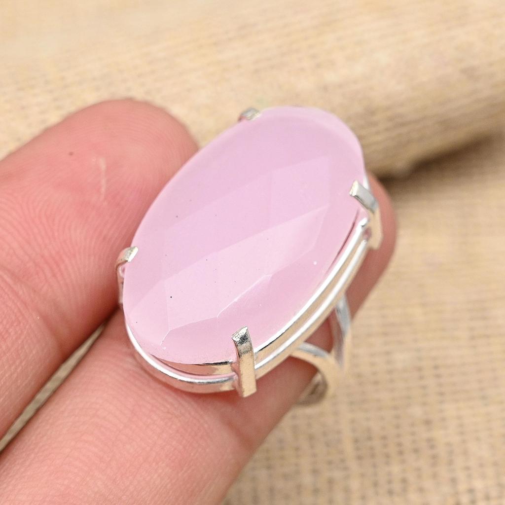 Кольцо из стерлингового серебра 925 пробы с розовым халцедоном и драгоценным камнем ручной работы для женщин