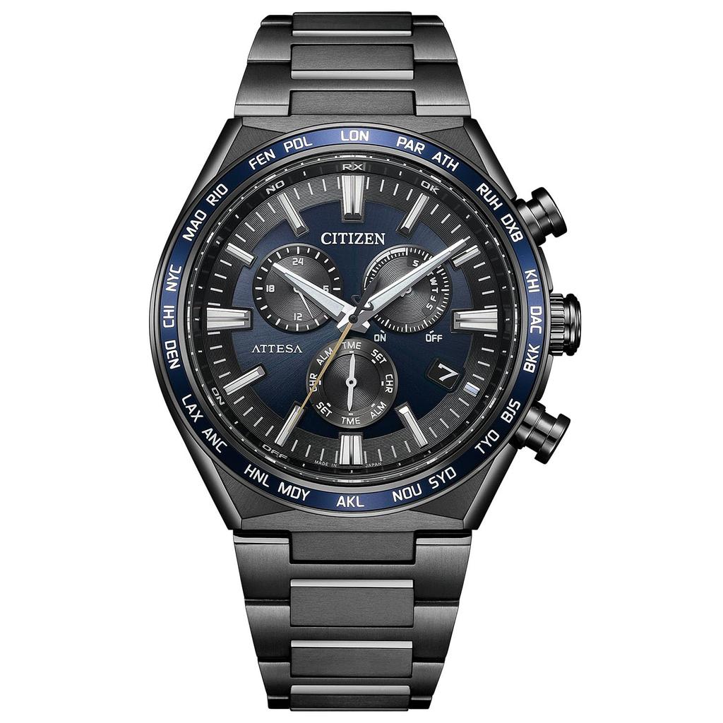 Citizen Attesa Black ACT Dark Eco-Drive Radio-Controlled Watch, Water-Resistant, Titanium, Lightweight, Chronograph, Titanium, Line, Blue, Business,