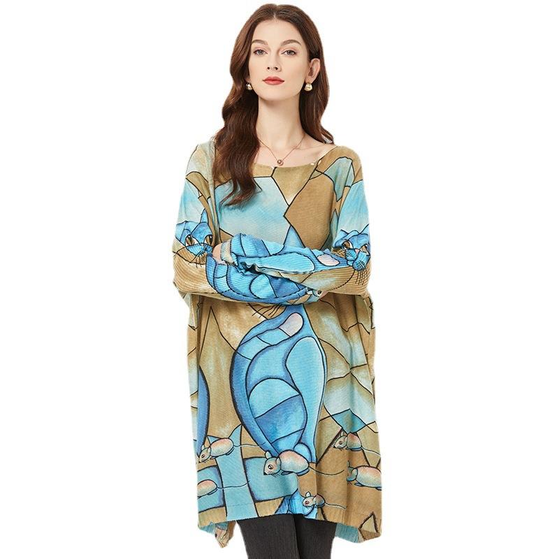 Весенне-осеннее женское вязаное платье, свитер с животным принтом, повседневный пуловер, топ больших размеров, свободный вязаный свитер