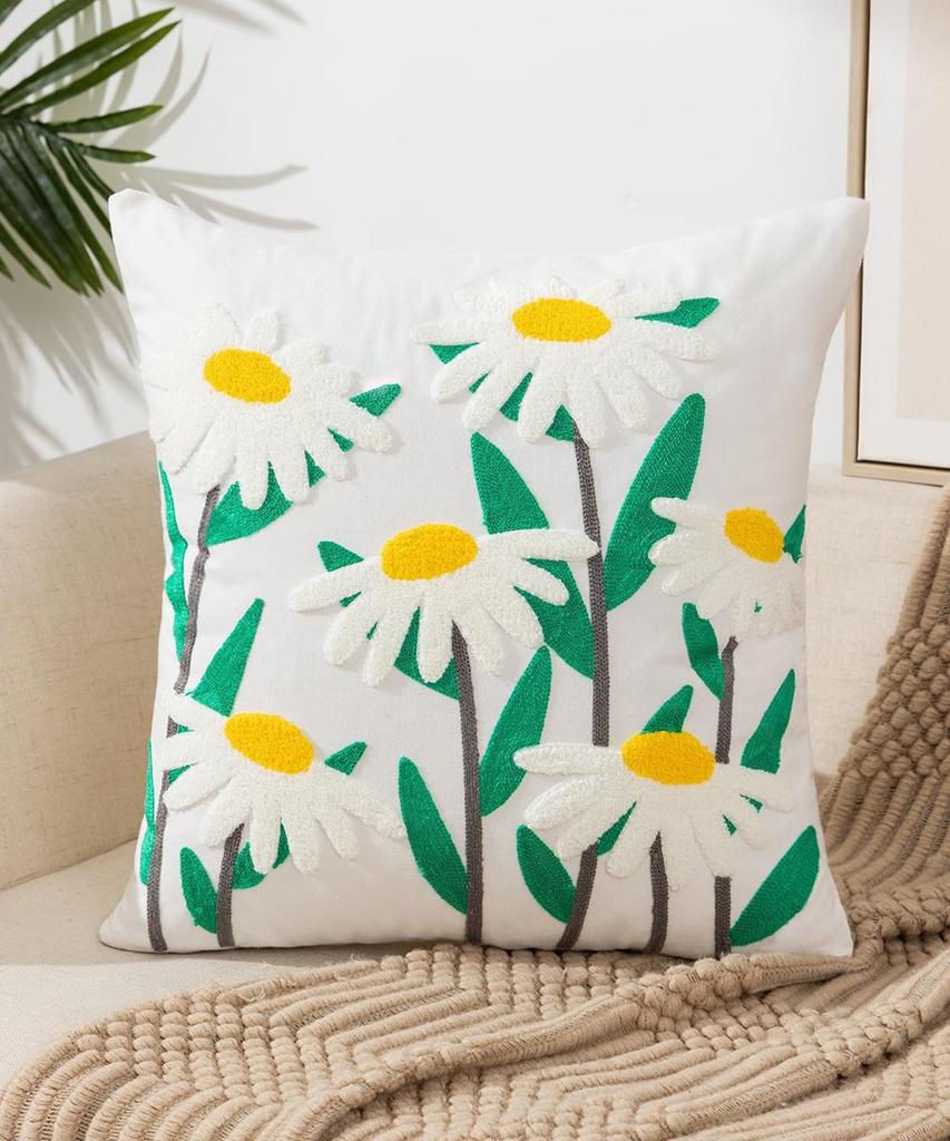 Stylish Embroidered Cushion Cover for Living Room or Botanical Elegant Cushion Cover with 3D Embroidery Bedroom, Floral, Nordic, Natural, 45x45cm,
