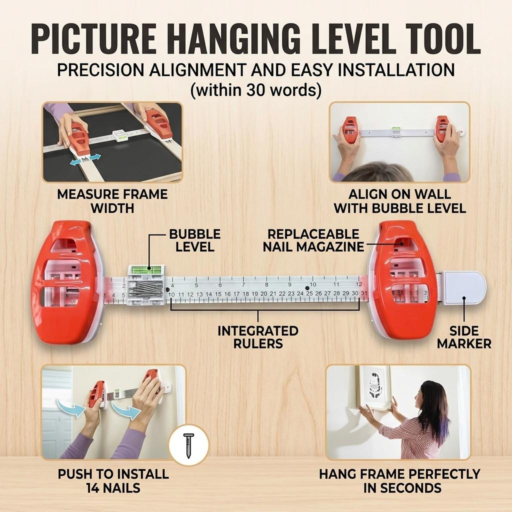 Picture Frame Hanger with Level Tool Installation Device for Wall Art Including Measuring Ruler Built-in Level and Nail Pusher