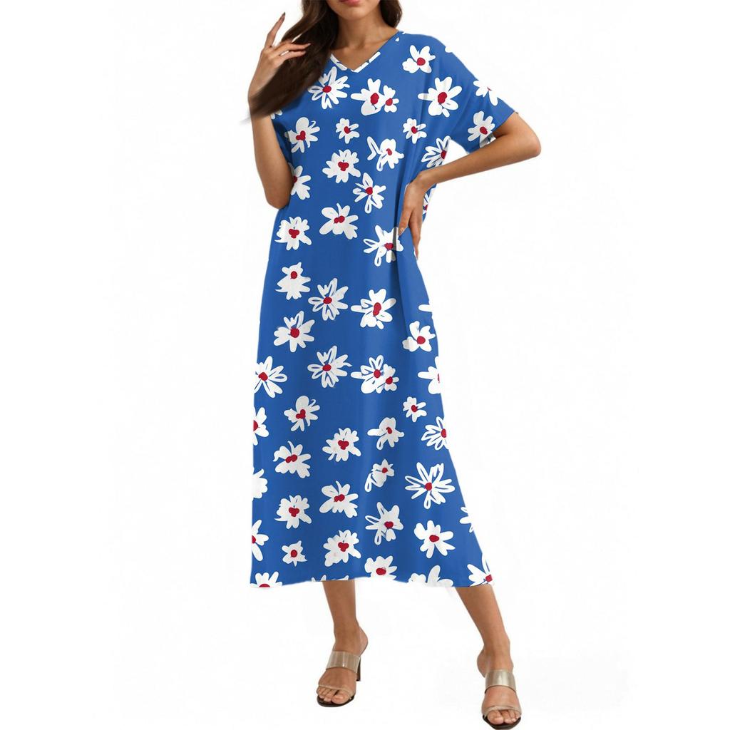 Fashion Women's Summer V-Neck Short Sleeve Floral Print Beach Dress