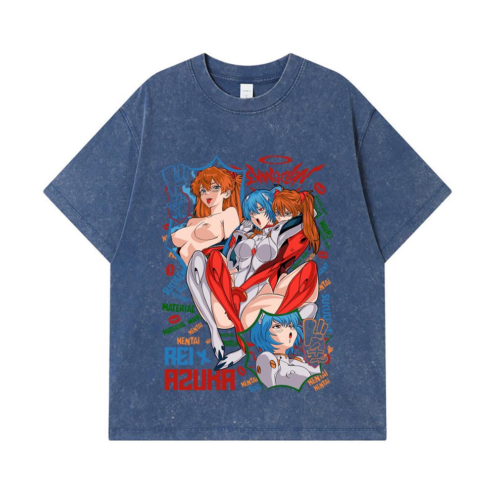 Стиранные футболки 275 г/м² 100% Хлопок Evangelion V9 Аска Рей Ваифу Принт Унисекс Плотная хлопковая футболка