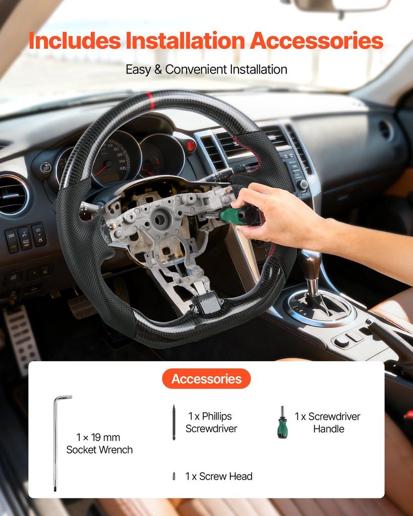 Steering Wheel for 2008-2020 Nissan 370Z, Carbon Fiber Steering Wheel D-Shaped Flat-Bottom, Leather Grip with Non-Slip Texture & Precise Stitching,