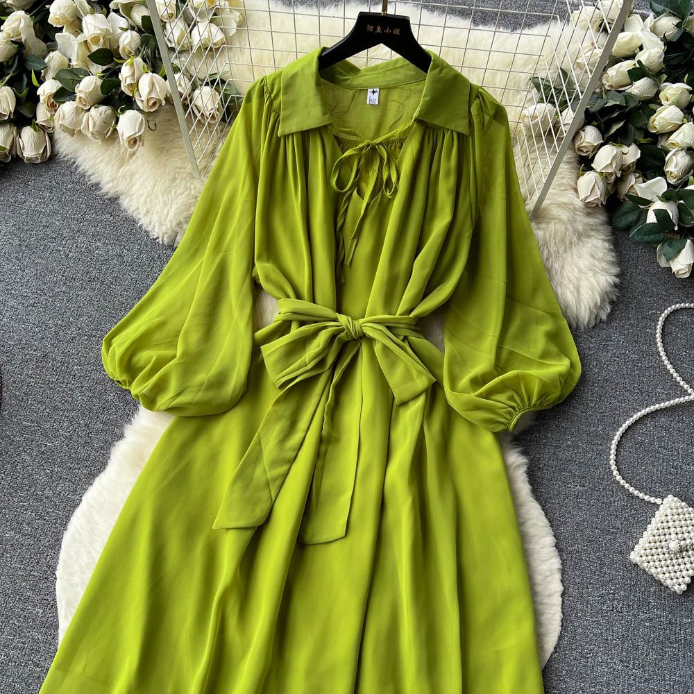 Французские шикарные платья макси для женщин с отложным воротником и рукавами-фонариками, женское летнее платье на шнуровке, женское летнее платье трапециевидной формы, Прямая поставка