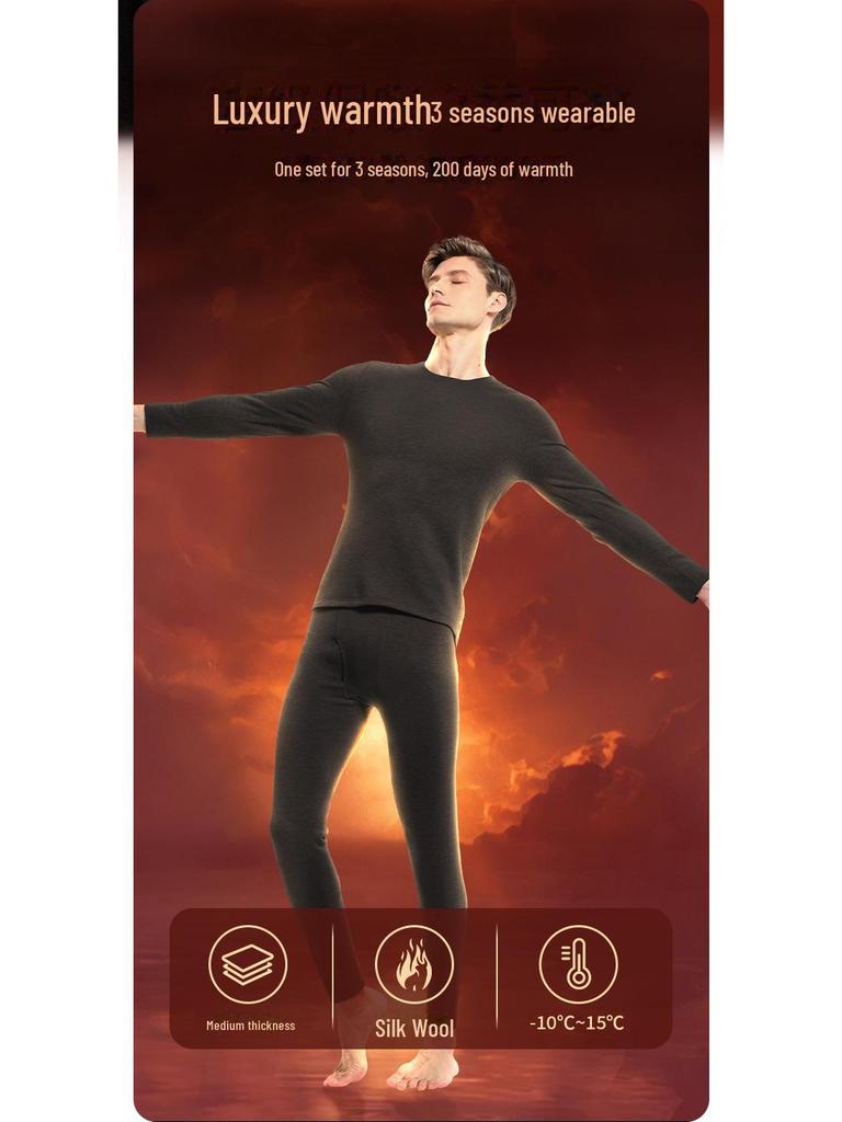 Мужской комплект термобелья из шелка и шерсти: Плюс бархатный толстый костюм на осень и зиму