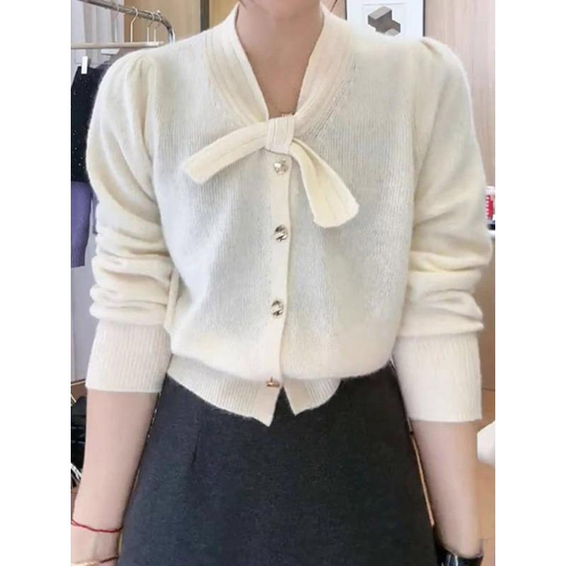 Весенний новый простой и универсальный вязаный кардиган однотонный топ с бантом, с длинным рукавом, куртка-свитер