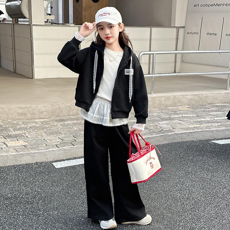 2025 Новый стиль Толстовка с капюшоном для девочек и брюки с широкими штанинами Комплект из двух предметов на весну и осень