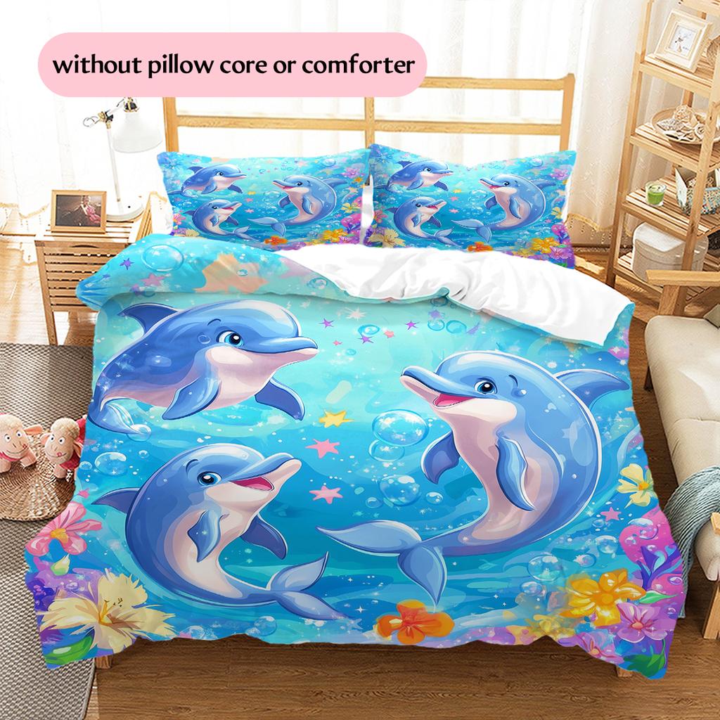 Мультяшная цветная дельфиновая постельное белье Домашний декор Подарок на день рождения (1 пододеяльник + 2 наволочки, без наполнителя)