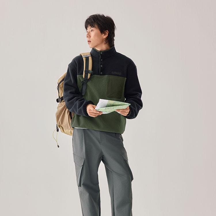 Skechers Флисовая кофта с молнией до середины, Color Block, Термо, Антистатическая, Приятная для кожи, Спортивная, Повседневная, Пуловер, Свитшот, Мужские топы P425M190-0018