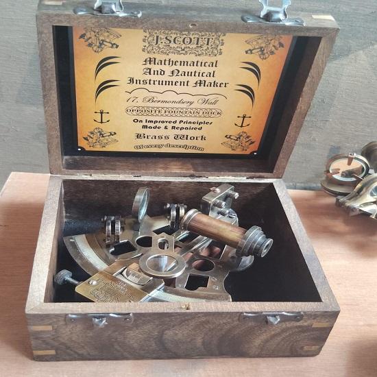 Brass Nautical Sextant with Wooden Box Marine Navigation Instrument