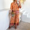 Women's Summer Print Contrasting Color Bohemian Vacation Short-sleeved Long Trousers Set